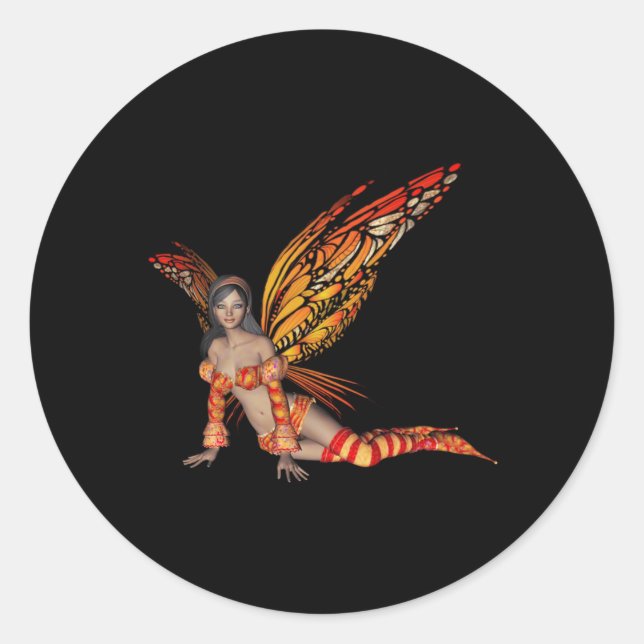 Orange Monarch Pixie Butterfly Fairy 3 - Classic Round Sticker (Front)