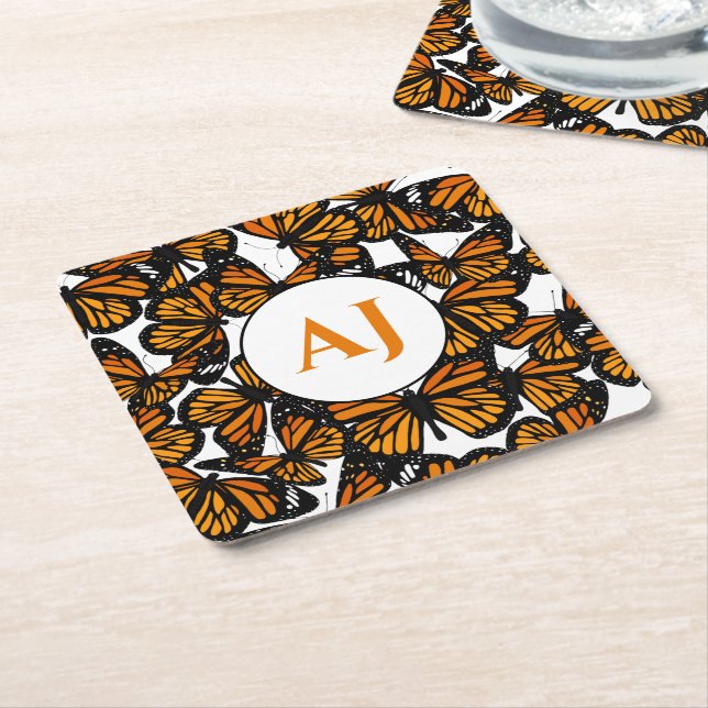Orange Monarch Tropical Butterfly Monogrammed Square Paper Coaster (Angled)
