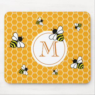 Orange Monogram Bees Honeycomb Pattern Mouse Mat