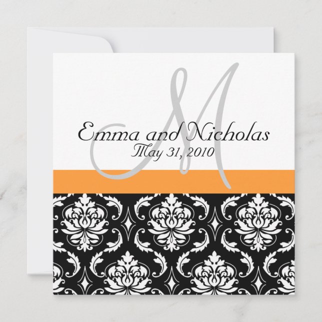 Orange Monogram Damask Wedding Invitation (Front)