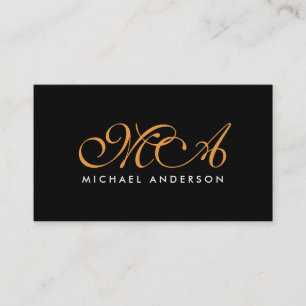Orange Monogram Elegant Script Black Background Business Card