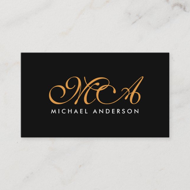 Orange Monogram Elegant Script Black Background Business Card (Front)