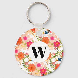 Orange Monogram Floral Watercolor Key Ring