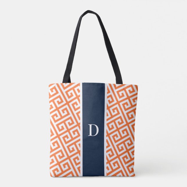 Orange Monogram Greek Key  Tote Bag (Back)