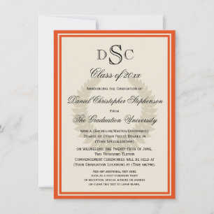 Orange Monogram Laurel Classic College Graduation  Invitation