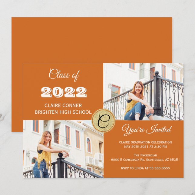 Orange Monogram Photo Graduation Invitation (Front/Back)