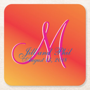 Orange Monogram Sunset Fabulous Budget Value Fun  Square Paper Coaster