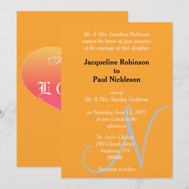 Orange Monogram Sunset Heart Invitation (Front/Back)