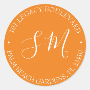 Orange Monogram Wedding Return Address Classic Round Sticker