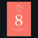 Orange Monogram Wedding Table Number Card<br><div class="desc">This elegant wedding table number card features a monogram encircled by floral line art with the bride and groom's initials, names and wedding date in white over an orange background. Use the template fields to add your custom details. Click on "Edit using design tool" to change the colours and fonts....</div>