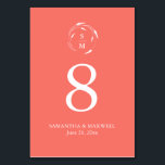 Orange Monogram Wedding Table Number Card<br><div class="desc">This elegant wedding table number card features a monogram encircled by floral line art with the bride and groom's initials, names and wedding date in white over an orange background. Use the template fields to add your custom details. Click on "Edit using design tool" to change the colours and fonts....</div>