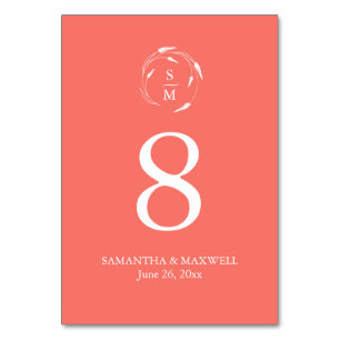 Orange Monogram Wedding Table Number Card