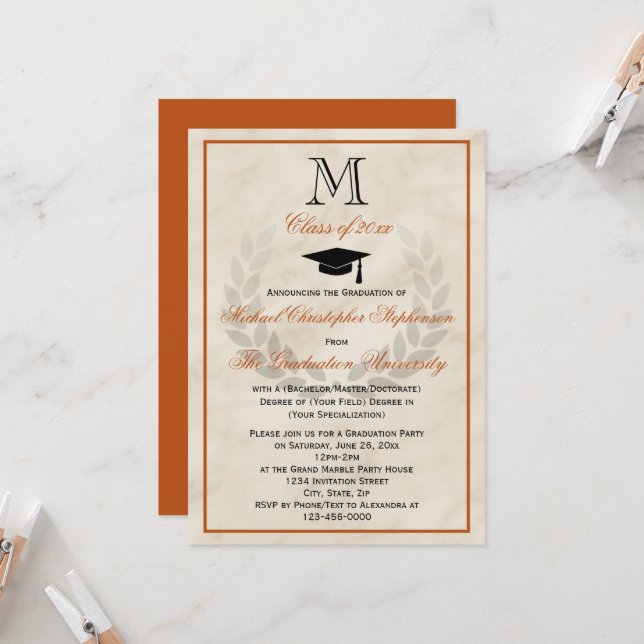Orange Monogram Wreath Classic College Graduation Invitation (Front/Back In Situ)