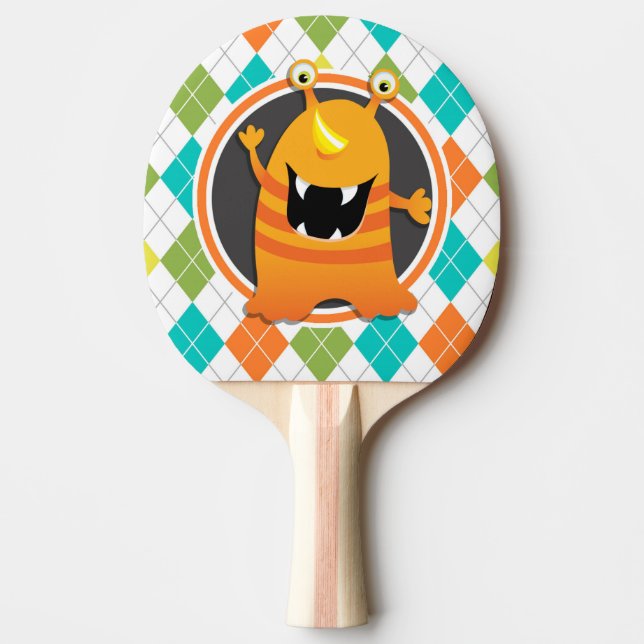 Orange Monster on Colourful Argyle Pattern Ping Pong Paddle (Front)