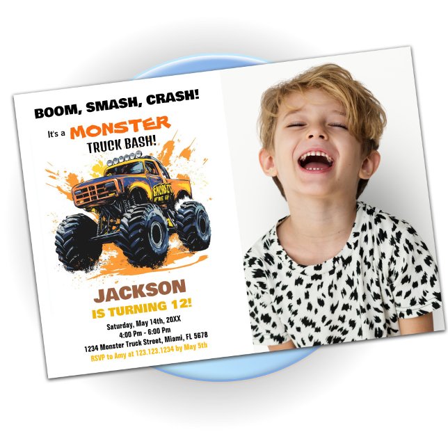 Orange Monster Truck Birthday Invitations Photo (Orange Monster Truck Birthday Invitations Photo)