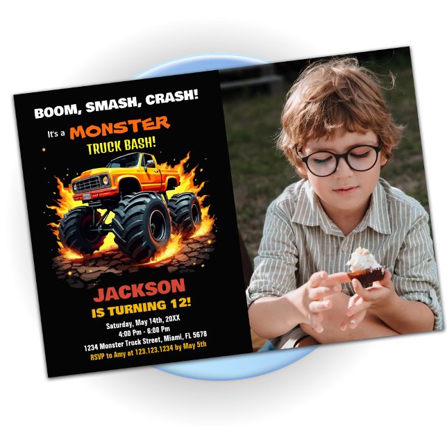 Orange Monster Truck Birthday Invitations Photo (Orange Monster Truck Birthday Invitations Photo)