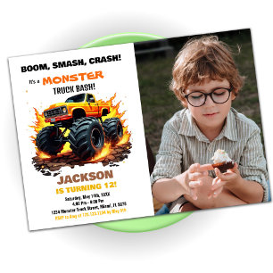 Orange Monster Truck Birthday Invitations Photo