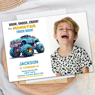 Orange Monster Truck Birthday Invitations Photo
