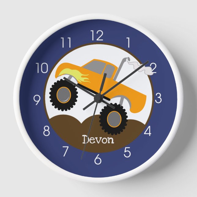 Orange Monster Truck Boys Nursery Kids Toddler Clock (Front)