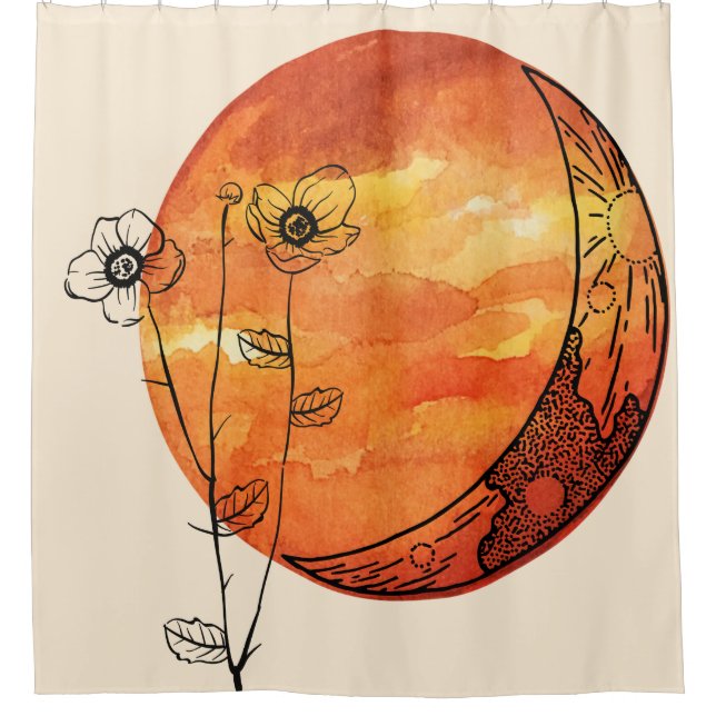 Orange moon and poppy flower shower curtain (Front)