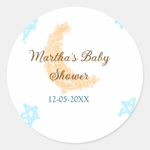 Orange moon blue stars glitter baby shower sparkle classic round sticker