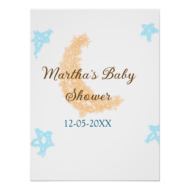 Orange moon blue stars glitter baby shower sparkle poster (Front)
