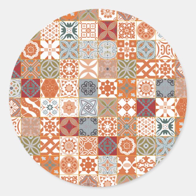 Orange Moroccan tile Classic Round Sticker (Front)