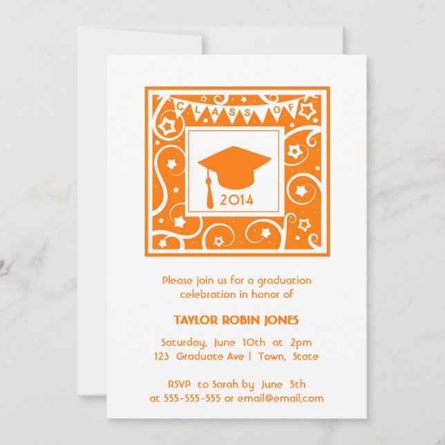 Orange Mortarboard Modern Graduation Invitations (Front)