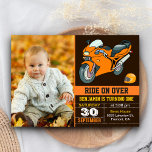 Orange Motorcycle Racing First Birthday Invitation<br><div class="desc">Invite your guests with this cool racing 1st birthday party invitation featuring an orange sports motorcycle with modern typography against a dark brown background. Simply add your event details on this easy-to-use template and adorn this card with your child's favourite photo to make it a one-of-a-kind invitation. Flip the card...</div>