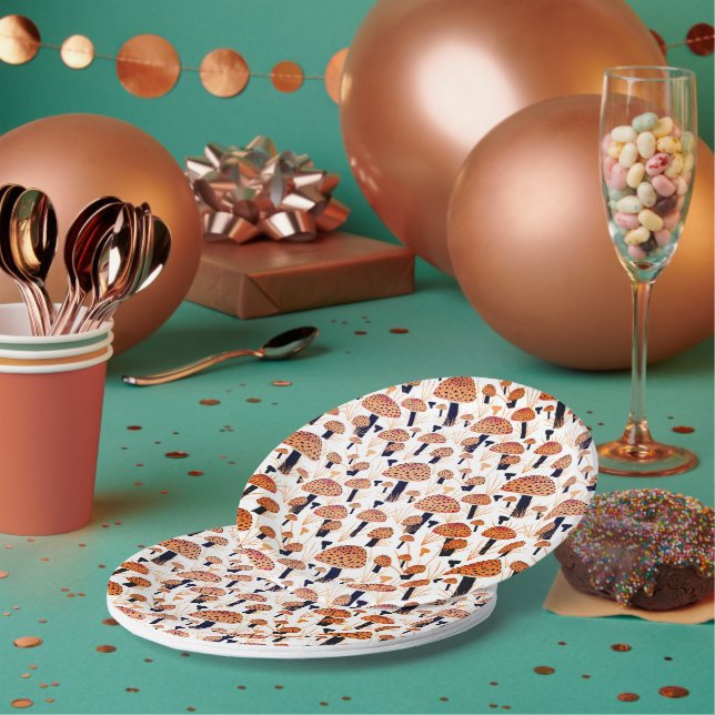 Orange Mushroom Fall Autumn Pattern  Paper Plate (Multi)