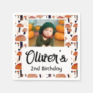 Orange Mushroom Fall Photo Birthday Party Napkin