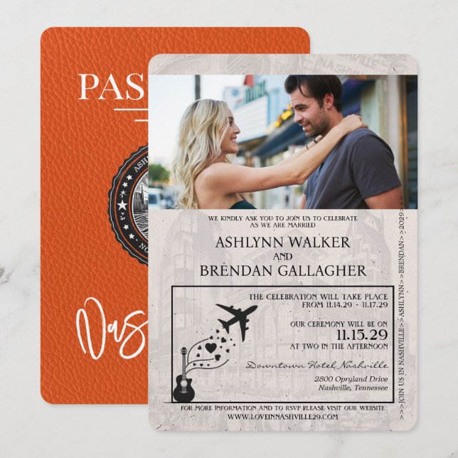 Orange Nashville Passport Wedding Invitation (Front/Back)