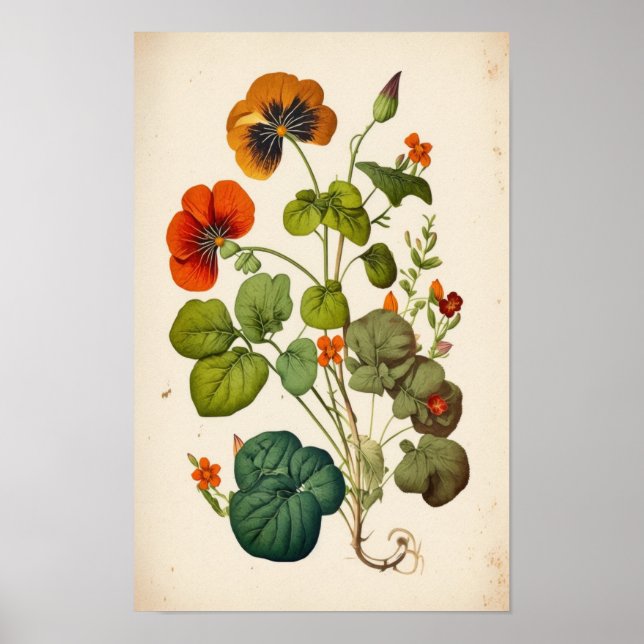 Orange Nasturtium Vintage Botanical Wall Art (Front)