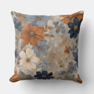 Orange Navy Blue Dusty Blue Rustic Floral Cushion