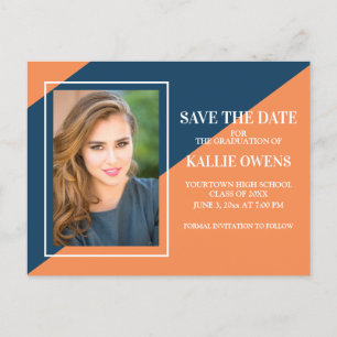 Orange Navy Blue Graduation Save the Date Announcement Postcard