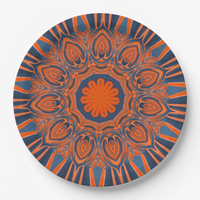 Orange Navy Blue Mandala Paper Plate (Front)