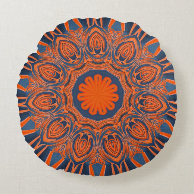 Orange Navy Blue Mandala Round Cushion (Front)