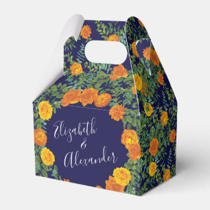Orange & Navy Blue Peony & Rose Floral Wedding Favour Box