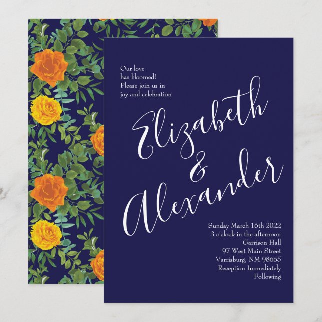 Orange & Navy Blue Peony & Rose Floral Wedding Invitation (Front/Back)