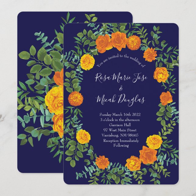 Orange Navy Blue Peony Rose Floral Wedding Invitation (Front/Back)
