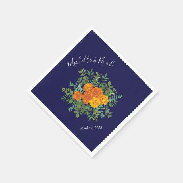 Orange & Navy Blue Peony & Rose Floral Wedding Napkin (Corner)