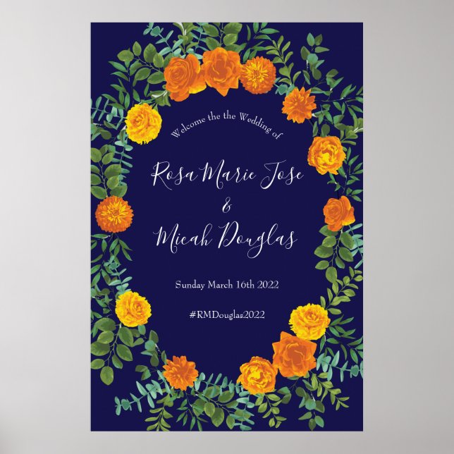 Orange & Navy Blue Peony & Rose Floral Wedding Poster (Front)