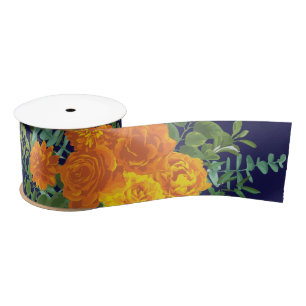 Orange & Navy Blue Peony & Rose Floral Wedding Satin Ribbon