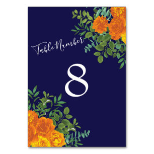 Orange & Navy Blue Peony & Rose Floral Wedding Table Number