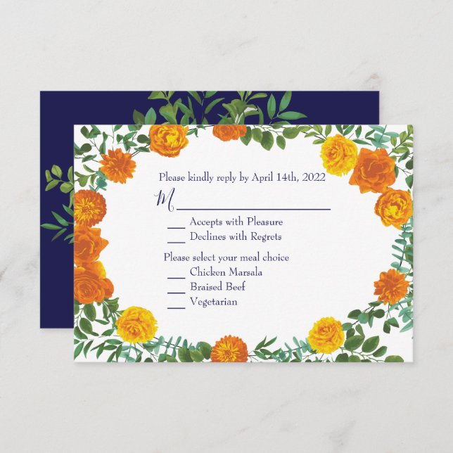 Orange & Navy Blue Peony Rose Invitation Reply (Front/Back)