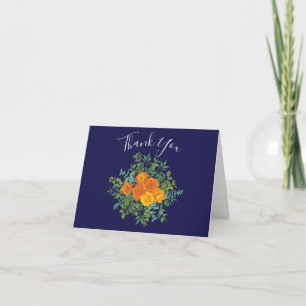 Orange & Navy Blue Peony & Rose Thank You Card