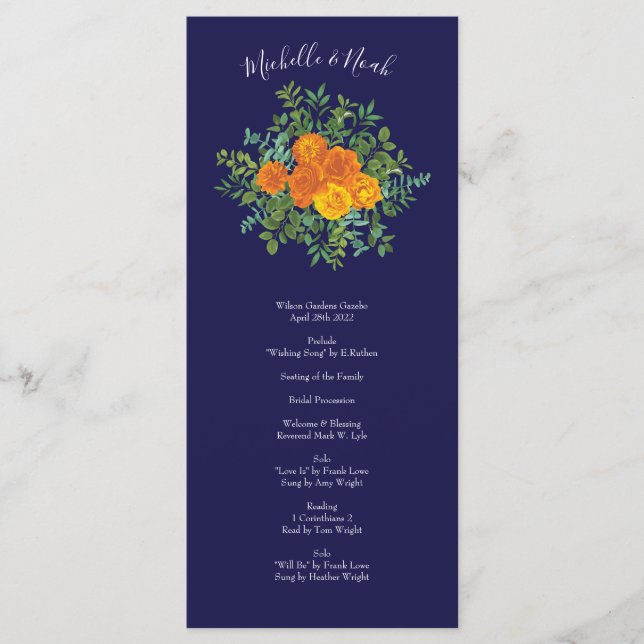 Orange Navy Blue Peony Rose Wedding Programs Menu (Front)