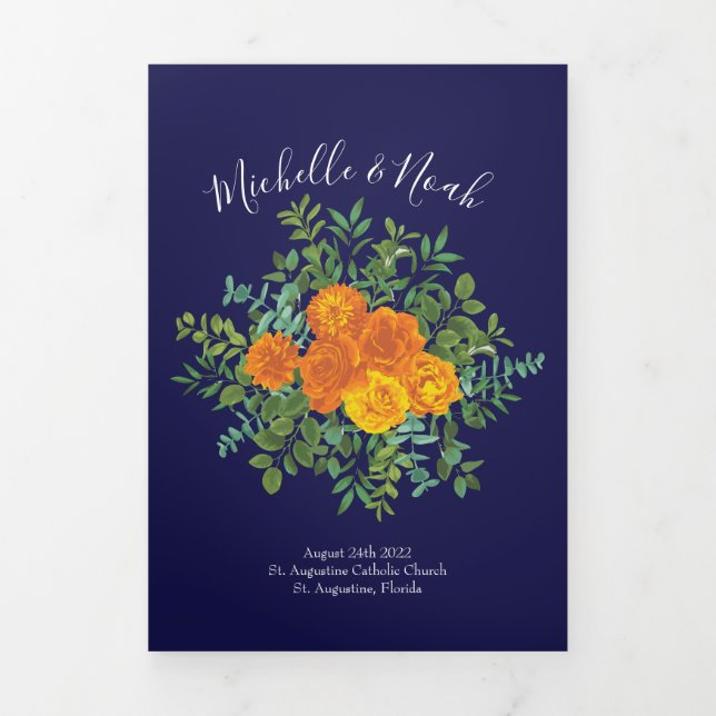 Orange & Navy Blue Peony Rose Wedding Programs Tri-Fold Programme (Cover)