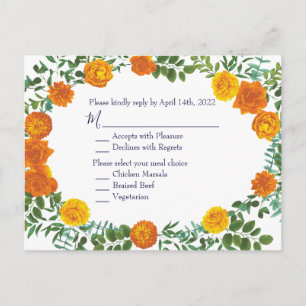 Orange & Navy Blue Peony Rose Wedding Reply Postcard