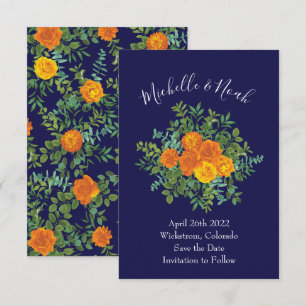 Orange & Navy Blue Peony Rose Wedding Save Date Invitation